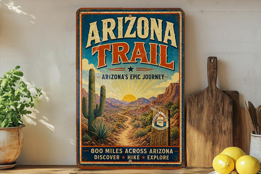 A vintage-style poster advertising the Arizona Trail, featuring a desert landscape with cacti and mountains in the background.
