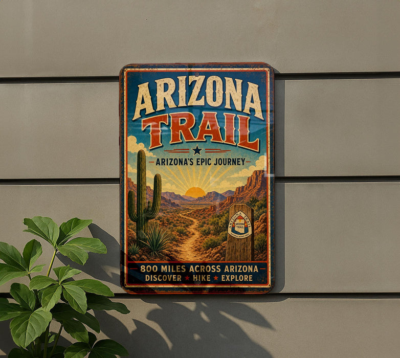 A vintage-style metal sign for the Arizona Trail, featuring a desert landscape with cacti and mountains in the background.