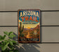 A vintage-style metal sign for the Arizona Trail, featuring a desert landscape with cacti and mountains in the background.