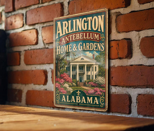 A vintage metal sign for "Arlington Antebellum Home & Gardens" in Alabama, featuring a house surrounded by flowers and greenery.