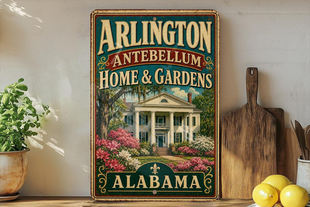 A vintage-style sign for "Arlington Antebellum Home & Gardens" in Alabama, featuring a large illustration of a house surrounded by flowers and greenery.