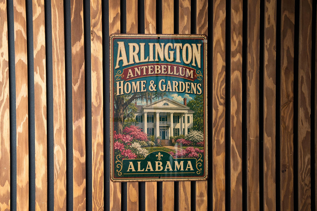 A vintage metal sign for "Arlington Antebellum Home & Gardens" in Alabama, featuring a house surrounded by flowers.