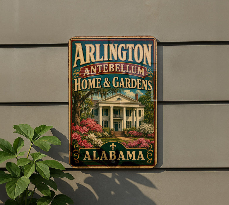 A vintage-style sign for "Arlington Antebellum Home & Gardens" in Alabama, featuring a large house surrounded by colorful flowers.