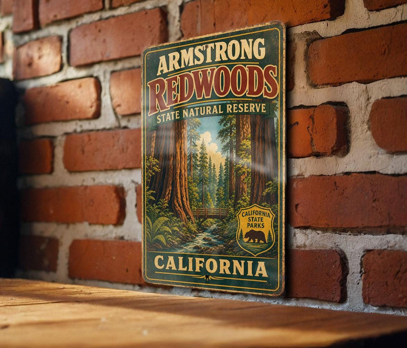 A vintage metal sign for the Armstrong Redwoods State Natural Reserve in California, featuring a scenic image of the redwood forest.
