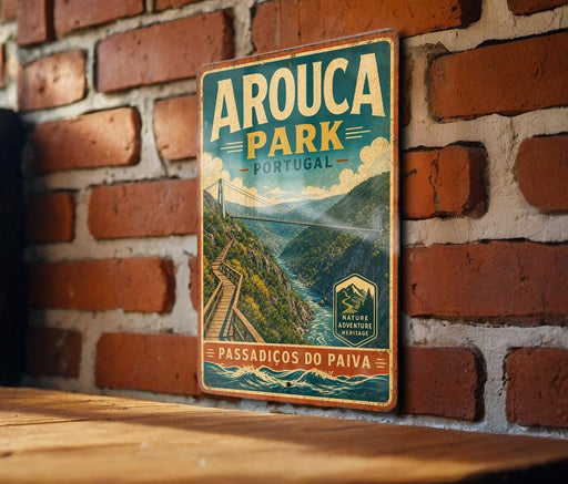 A vintage-style metal sign for Arção Park, Portugal, featuring a scenic mountain landscape with a suspension bridge.