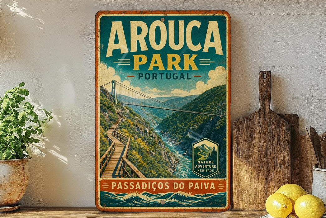 a vintage-style metal sign for Arouca Park, Portugal, with a scenic illustration of a bridge and a mountain landscape.