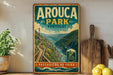 a vintage-style metal sign for Arouca Park, Portugal, with a scenic illustration of a bridge and a mountain landscape.