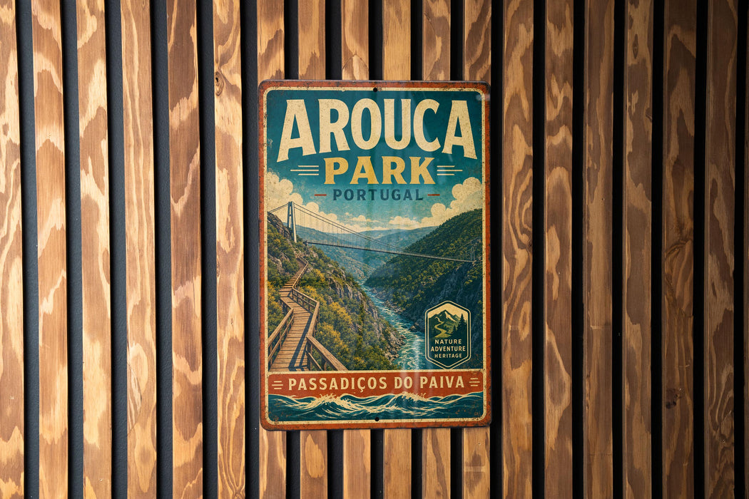 A vintage metal sign for Arouca Park in Portugal, featuring a scenic mountain landscape with a bridge and a river.
