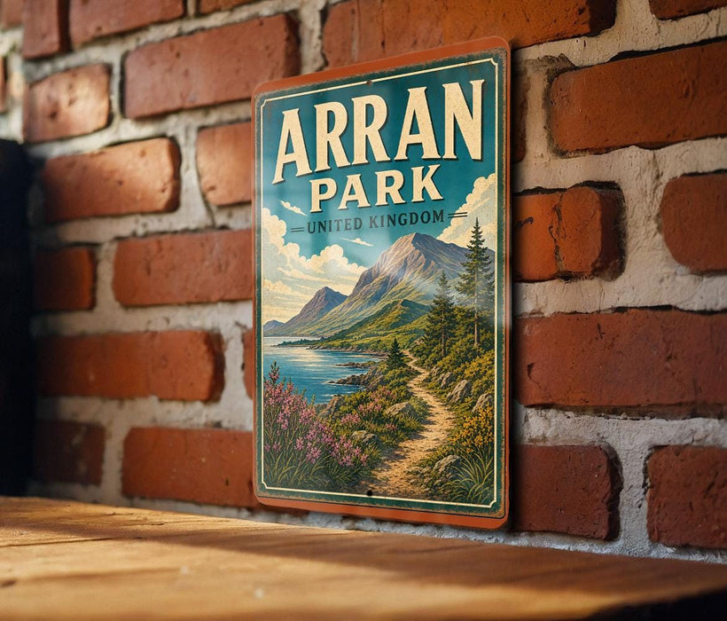 A vintage-style metal sign with the text "Arran Park" and "United Kingdom" is displayed on a brick wall.