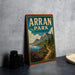A vintage-style sign for Arran Park, United Kingdom, featuring a scenic mountain landscape with a winding path and a body of water.