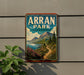 A vintage-style sign for Arran Park, United Kingdom, featuring a scenic landscape with mountains, a river, and a path leading through the greenery.