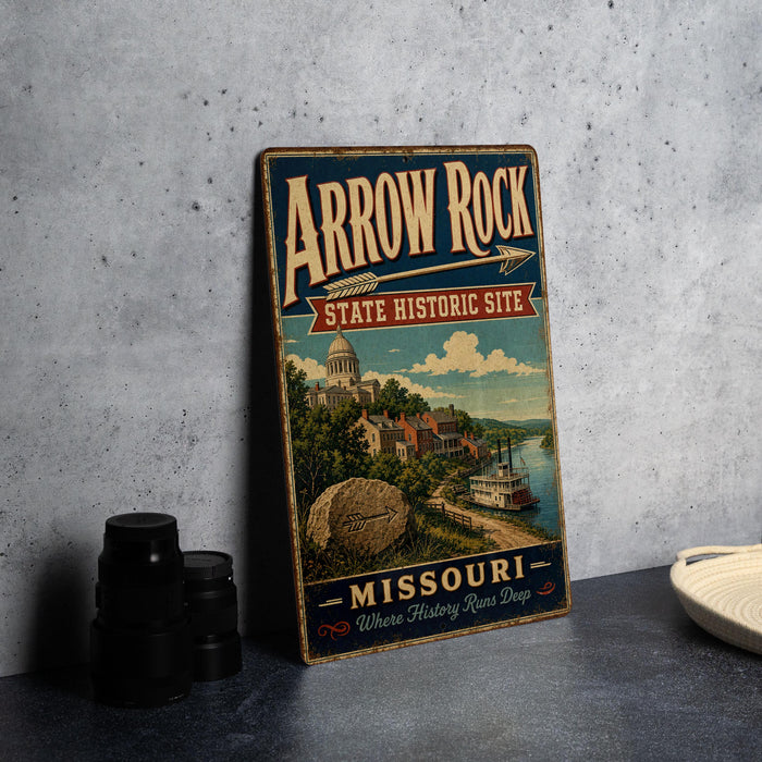A vintage-style metal sign for the Arrow Rock State Historic Site in Missouri, featuring an illustration of a town and river.