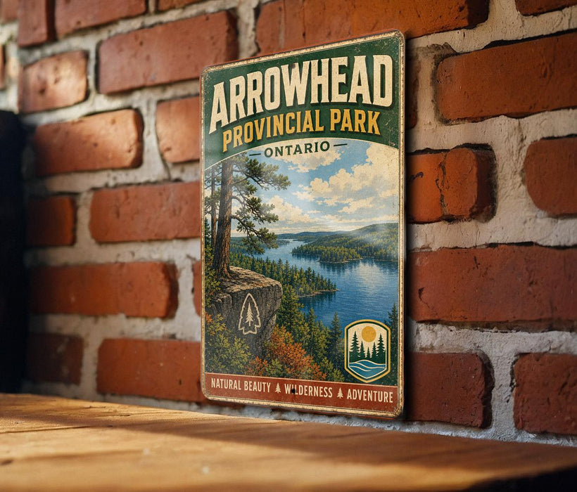 A vintage-style metal sign for Arrowhead Provincial Park in Ontario, featuring a scenic landscape with a lake, mountains, and pine trees.