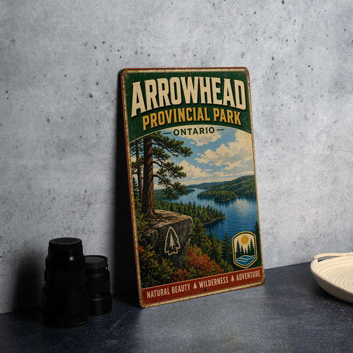 A vintage-style metal sign for Arrowhead Provincial Park, Ontario, featuring a scenic landscape with a lake, mountains, and pine trees.