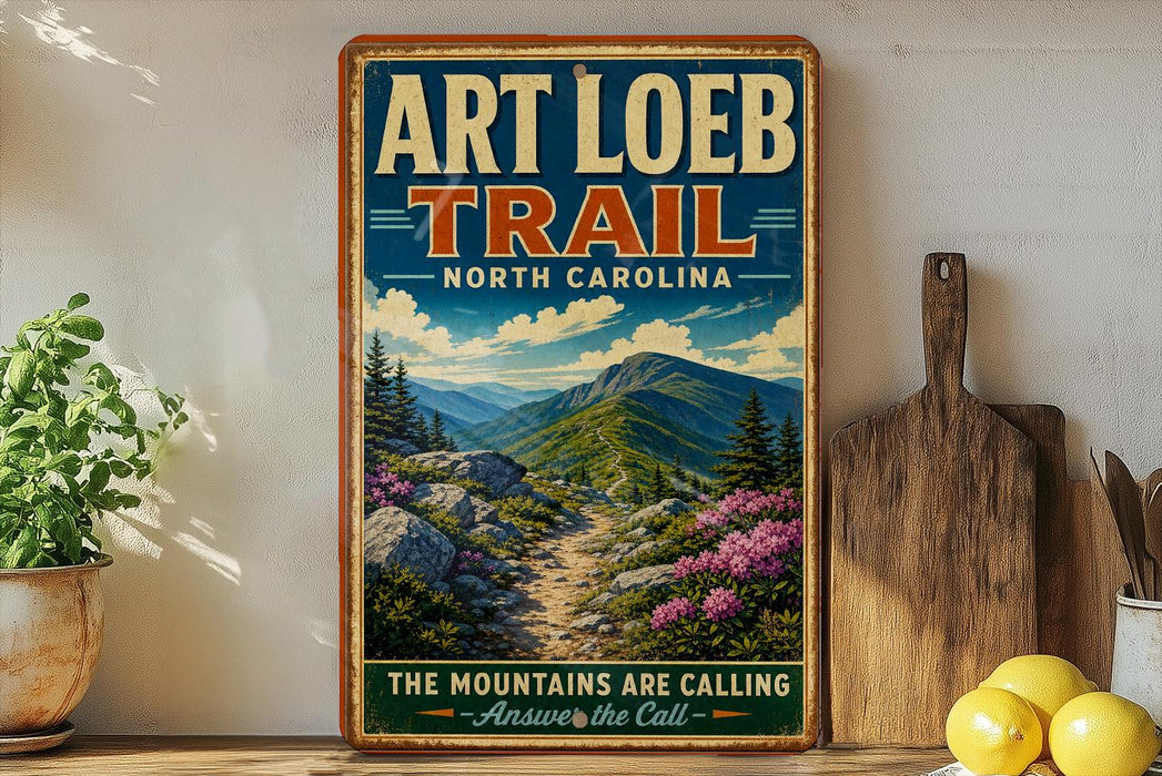 A vintage-style poster of the Art Loeb Trail in North Carolina, featuring a scenic mountain landscape with a winding path and colorful wildflowers.