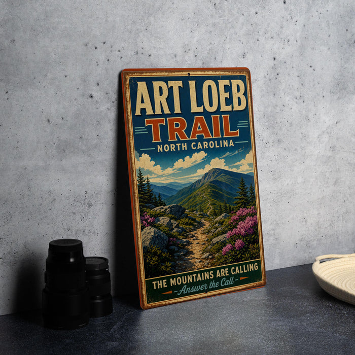A vintage-style sign for the Art Loeb Trail in North Carolina, featuring a scenic mountain landscape with a winding trail and colorful wildflowers.