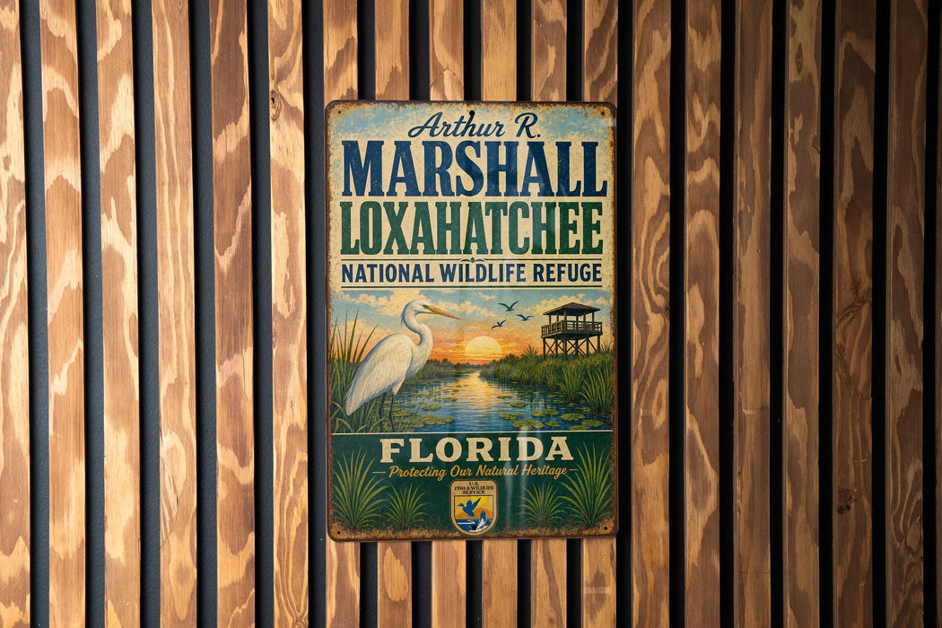 A vintage metal sign for the Loxahatchee National Wildlife Refuge in Florida, featuring a white egret and a sunset over a marsh.