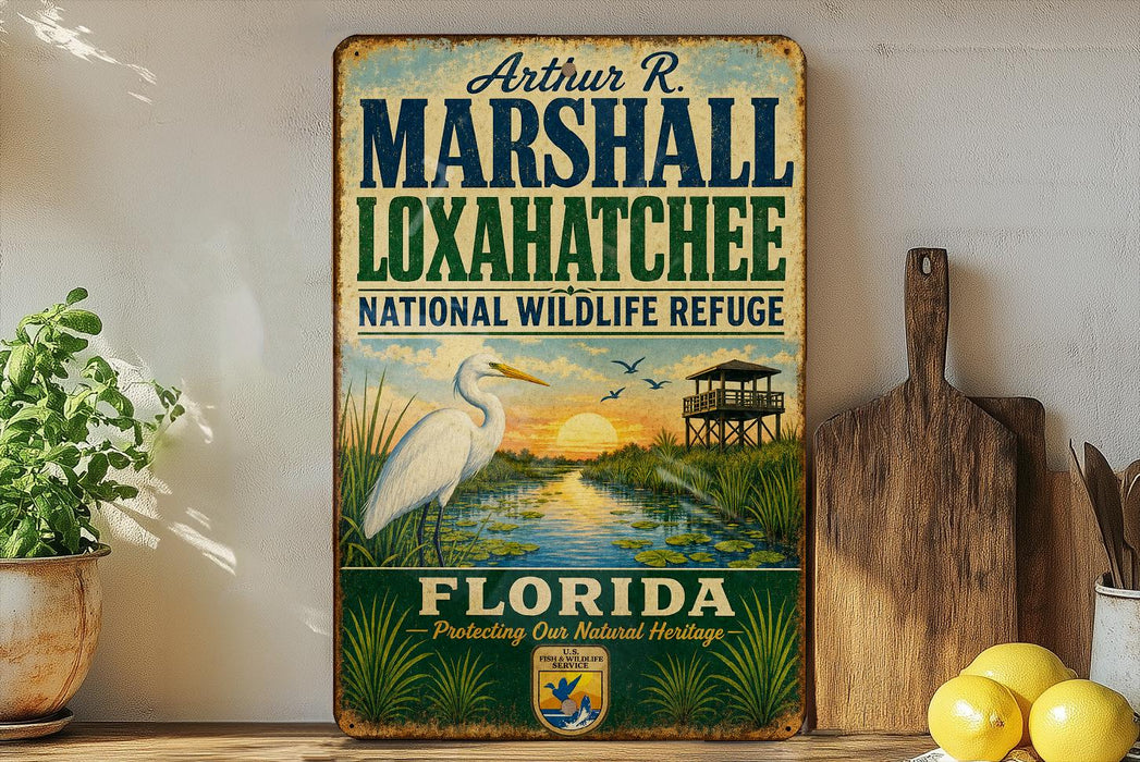 A vintage-style metal sign for the Florida Wildlife Refuge, featuring an illustration of a white egret and a sunset over a marsh.