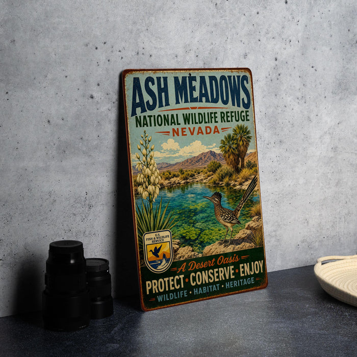 A vintage-style metal sign for the Ash Meadows National Wildlife Refuge in Nevada, featuring a desert landscape with a bird and a body of water.