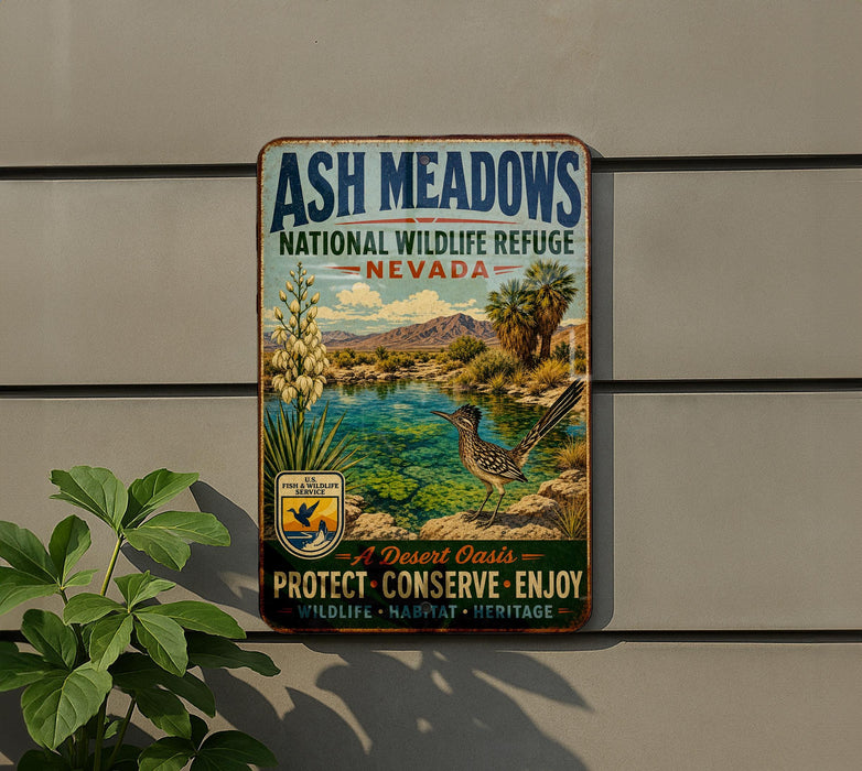 A vintage-style metal sign for the Ash Meadows National Wildlife Refuge in Nevada, featuring a desert landscape with a bird and a river.
