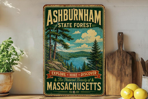 A vintage-style sign for Ashburnham State Forest, featuring a scenic landscape with pine trees, a lake, and mountains. The sign encourages visitors to explore, hike, and discover the natural beauty of Massachusetts.