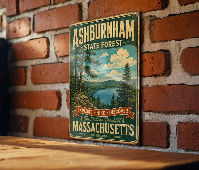 A vintage-style metal sign for Ashburnham State Forest, featuring a scenic landscape with pine trees and a lake, mounted on a brick wall.