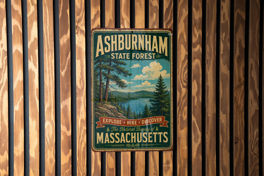 A vintage metal sign for Ashburnham State Forest, featuring a scenic landscape with pine trees, a lake, and mountains.