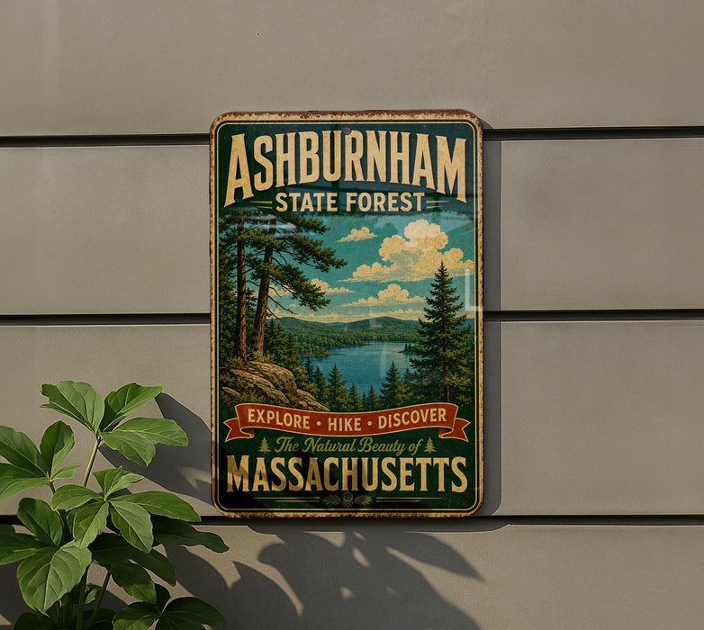 A vintage metal sign for Ashburnham State Forest, featuring a scenic landscape with pine trees, a lake, and mountains.