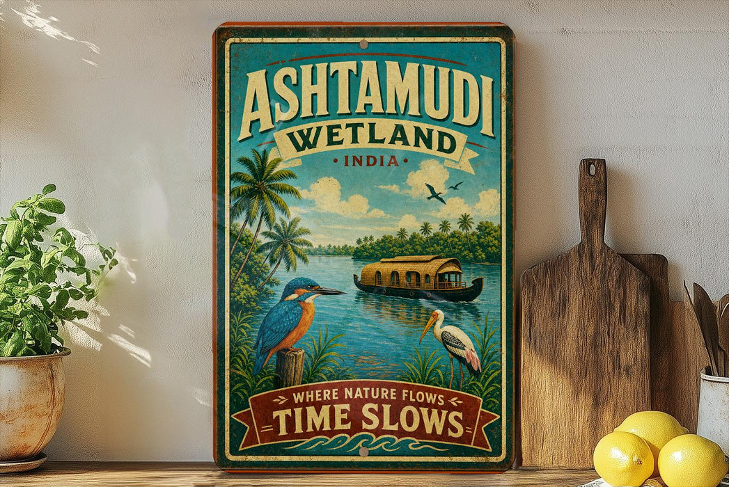 A vintage-style poster advertising Ashtamudi Wetland, India, featuring a tropical landscape with a boat, birds, and palm trees.