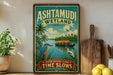 A vintage-style poster advertising Ashtamudi Wetland, India, featuring a tropical landscape with a boat, birds, and palm trees.