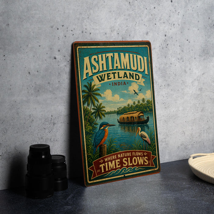 A vintage-style poster advertising Ashtamudi Wetland, India, featuring a tropical landscape with palm trees, birds, and a boat on the water.