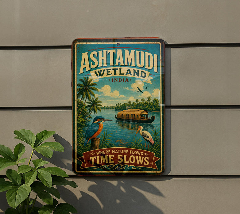 A vintage-style metal sign for Ashtamudi Wetland in India, featuring a tropical landscape with palm trees, birds, and a boat on the water.