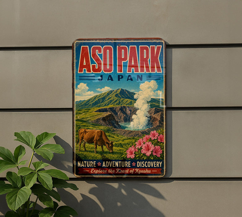 A vintage-style poster advertising Asok Park, Japan, featuring a cow grazing in a mountainous landscape with a steam vent in the background.