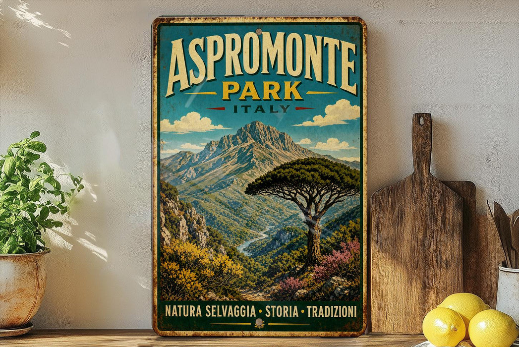a vintage-style poster of the Aspromonte Park in Italy, with a mountainous landscape and a tree in the foreground. The poster is displayed on a wall, and there are some potted plants and kitchen utensils visible in the background.