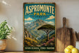 a vintage-style poster of the Aspromonte Park in Italy, with a mountainous landscape and a tree in the foreground. The poster is displayed on a wall, and there are some potted plants and kitchen utensils visible in the background.
