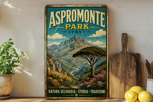a vintage-style poster of the Aspromonte Park in Italy, with a mountainous landscape and a tree in the foreground. The poster is displayed on a wall, and there are some potted plants and kitchen utensils visible in the background.