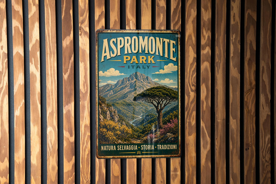 A vintage metal sign for Aspromonte Park in Italy, featuring a scenic mountain landscape with a tree in the foreground.