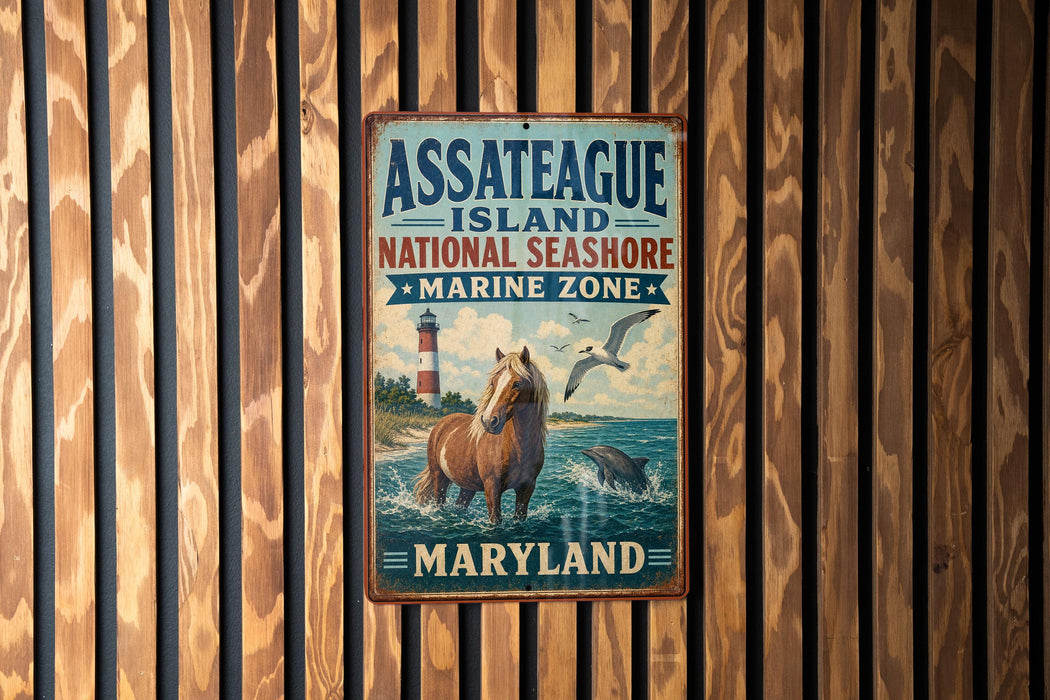 A vintage metal sign for Assateague Island National Seashore, Maryland, featuring a lighthouse and a horse in the water.