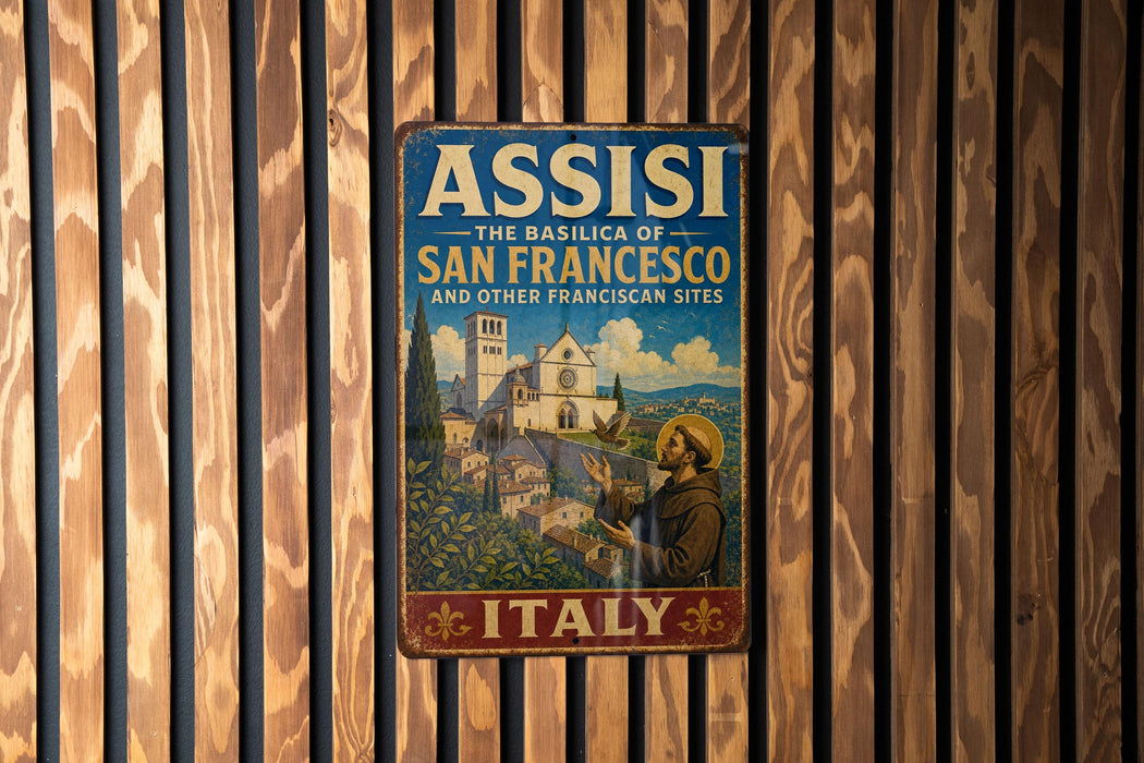 A vintage metal sign with the text "ASSISI THE BASILICA OF SAN FRANCISCO AND OTHER FRANCICAN SITES" and an illustration of a person in a robe and hat, standing in front of a church.
