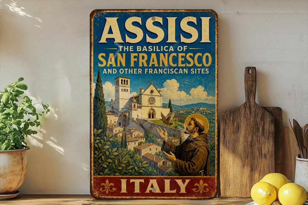 a vintage-style sign for the Basilica of San Francisco, Italy, with a painting of a man in a brown robe and hat, holding a book, and standing in front of a church.