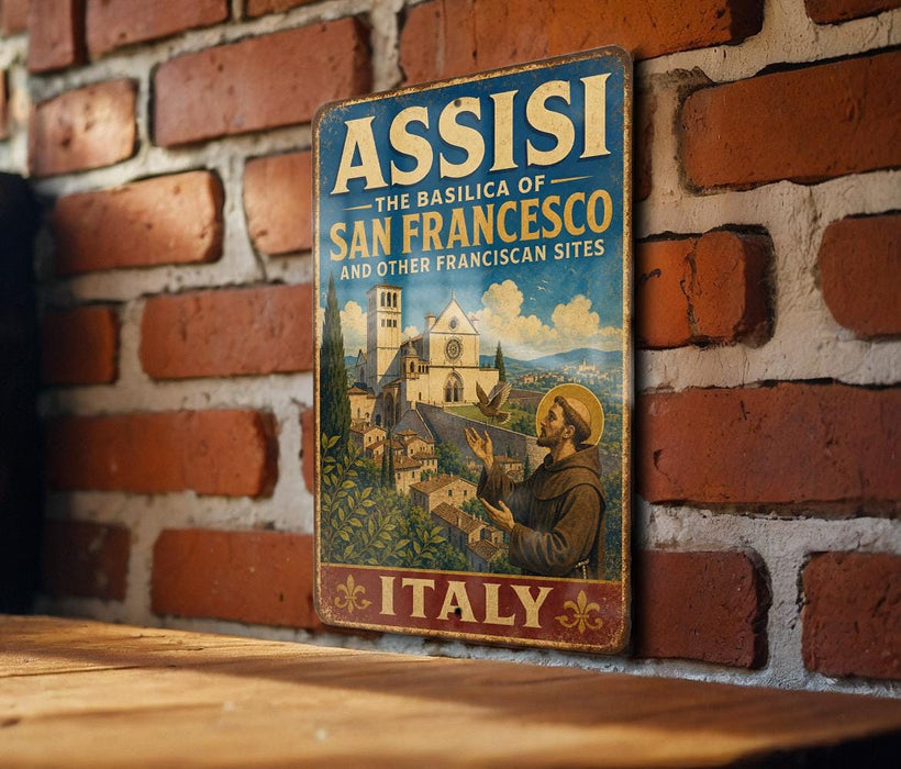A vintage metal sign with the text "ASSISI THE BASILICA OF SAN FRANCISCO AND OTHER FRANCICAN SITES ITALY" is displayed on a brick wall.