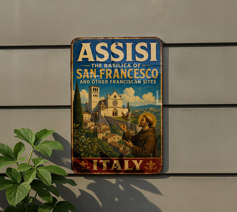 A vintage-style metal sign with the text "ASSISI THE BASILICA OF SAN FRANCISCO AND OTHER FRANCICAN SITES ITALY" and an illustration of a person in a robe and hat.