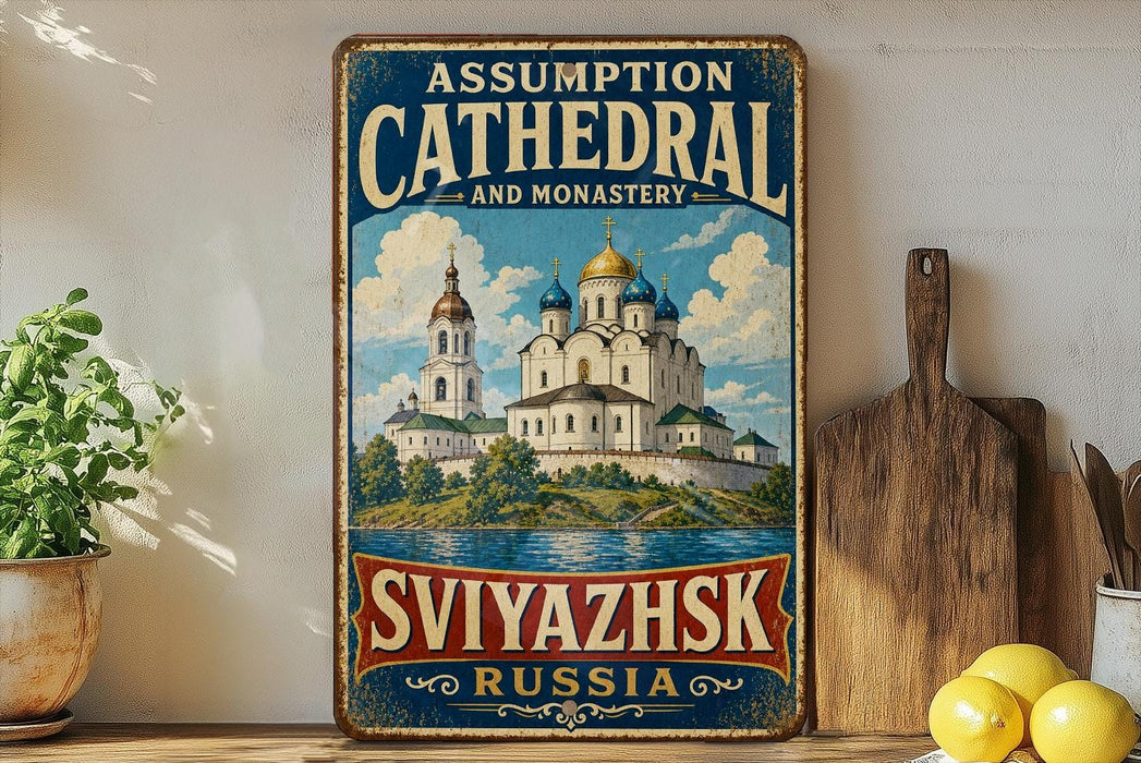 A vintage-style sign for the assumption cathedral and monastery in Svyazkh, Russia, featuring an illustration of the cathedral and surrounding landscape.