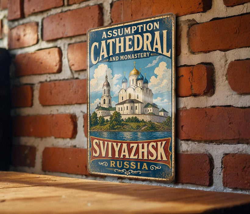 A vintage-style metal sign with an illustration of a cathedral and monastery, mounted on a brick wall.