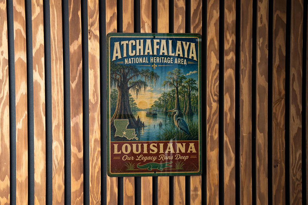 A vintage-style metal sign for the Atchafalaya National Heritage Area in Louisiana, featuring a scenic illustration of a bayou landscape with a bird and a boat.