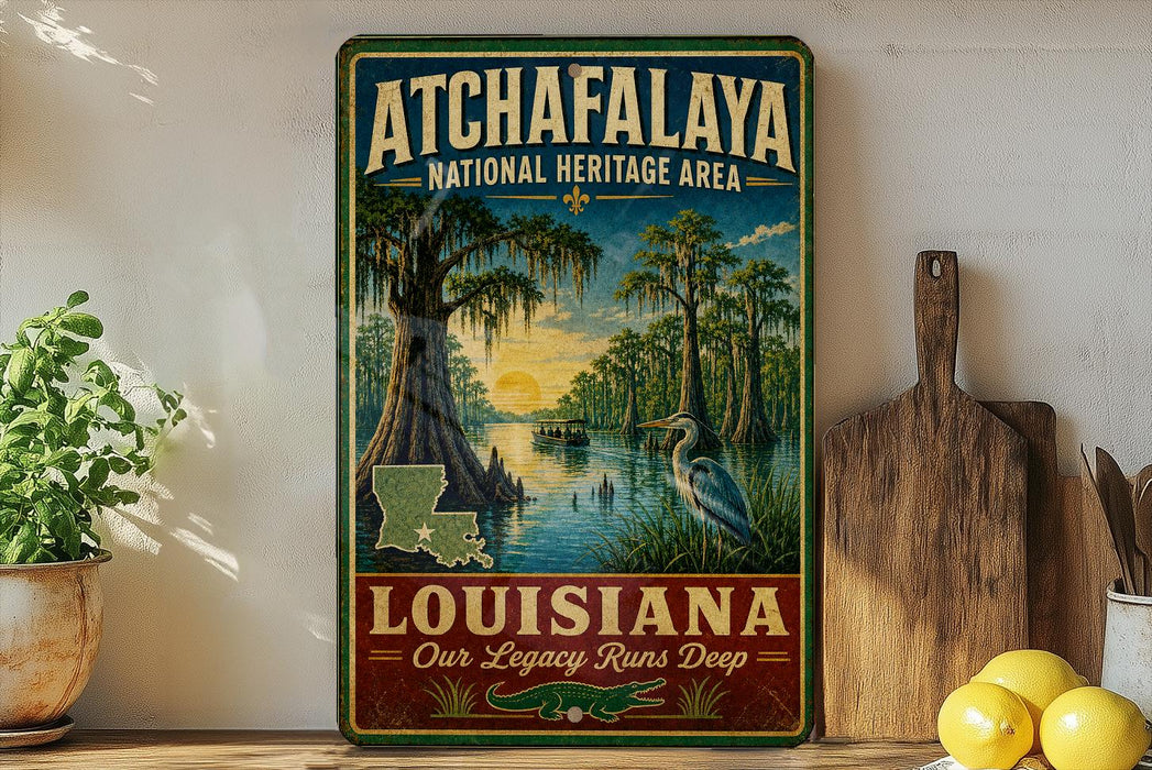 A vintage-style metal sign for Atchafalaya National Heritage Area, featuring a scenic illustration of a bayou landscape with a bird, a palm tree, and a sunset.