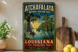 A vintage-style metal sign for Atchafalaya National Heritage Area, featuring a scenic illustration of a bayou landscape with a bird, a palm tree, and a sunset.
