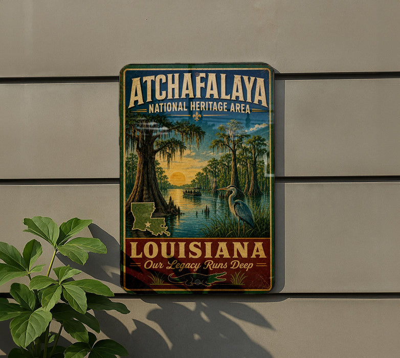 A metal sign on a wall that reads "Atchafalaya National Heritage Area" and "Louisiana Our Legacy Runs Deep".