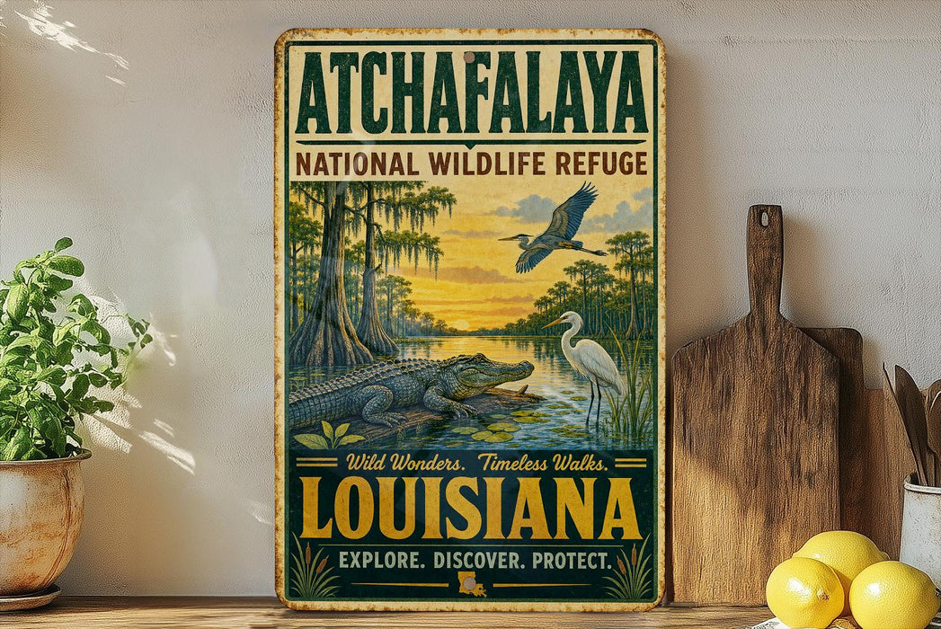 A vintage-style metal sign for the Atchafalaya National Wildlife Refuge in Louisiana, featuring an illustration of wildlife in a tropical setting.