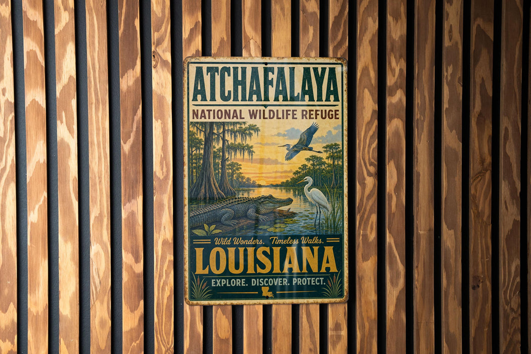 A vintage-style metal sign for the Atchafalaya National Wildlife Refuge in Louisiana, featuring an illustration of wildlife and a serene landscape.